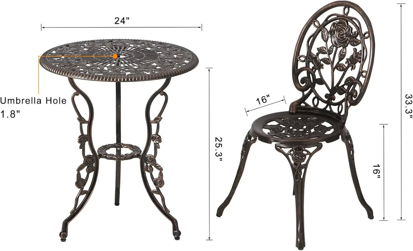 Set (3pc) Garden Furniture, Rose Pattern Aluminum Bistro Table