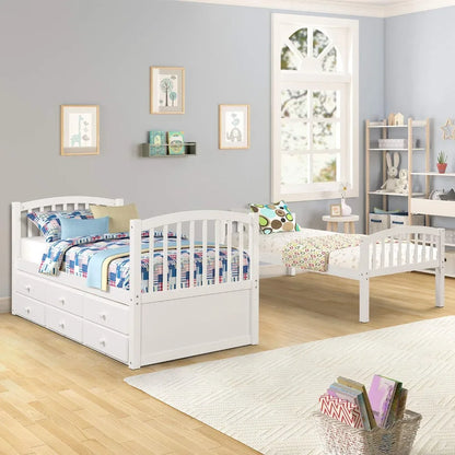 Twin Over Twin Bunk Bed with Trundle, 3 Drawers, Safety Rail, Ladder - Convertible to 3 Beds, White