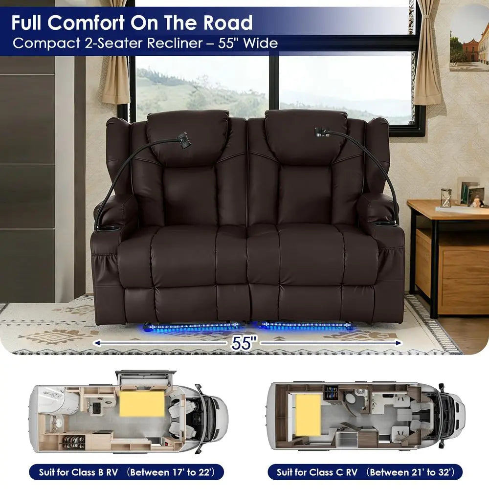 PU Leather Dual Reclining Loveseat, Vibration, Heating, LED Base Lights, USB Ports