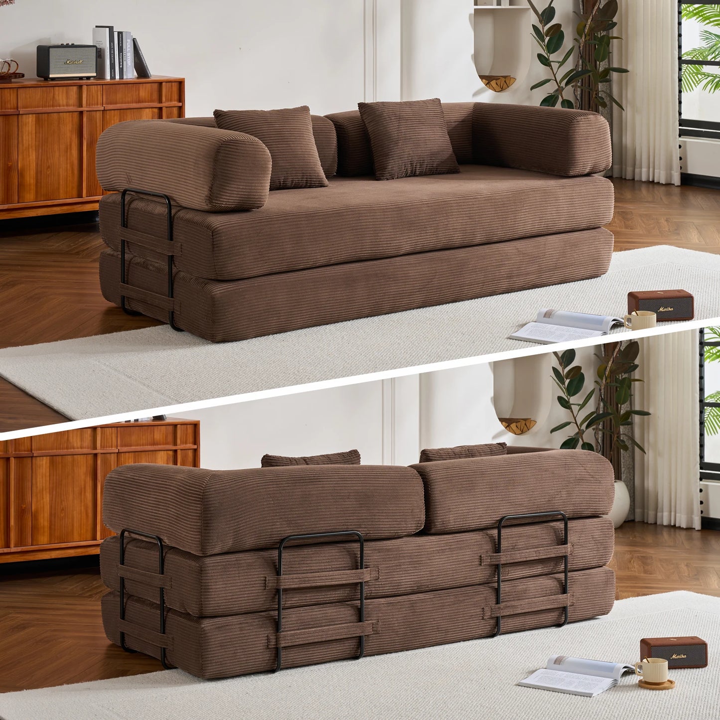 79" Folding Convertible Sofa Bed, Oversized Corduroy Futon, Boneless Loveseat