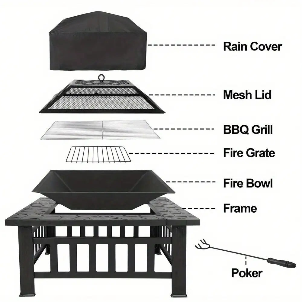32" Metal Square Stove Fire Pit with Cover