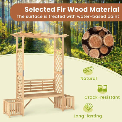 Wooden Outdoor Bench w/Pergola, Planting Box, Side Trellis