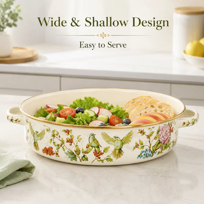 11 Inch Enamel Pie Pan Vintage Floral Non-Stick Baking Dish w/Lid