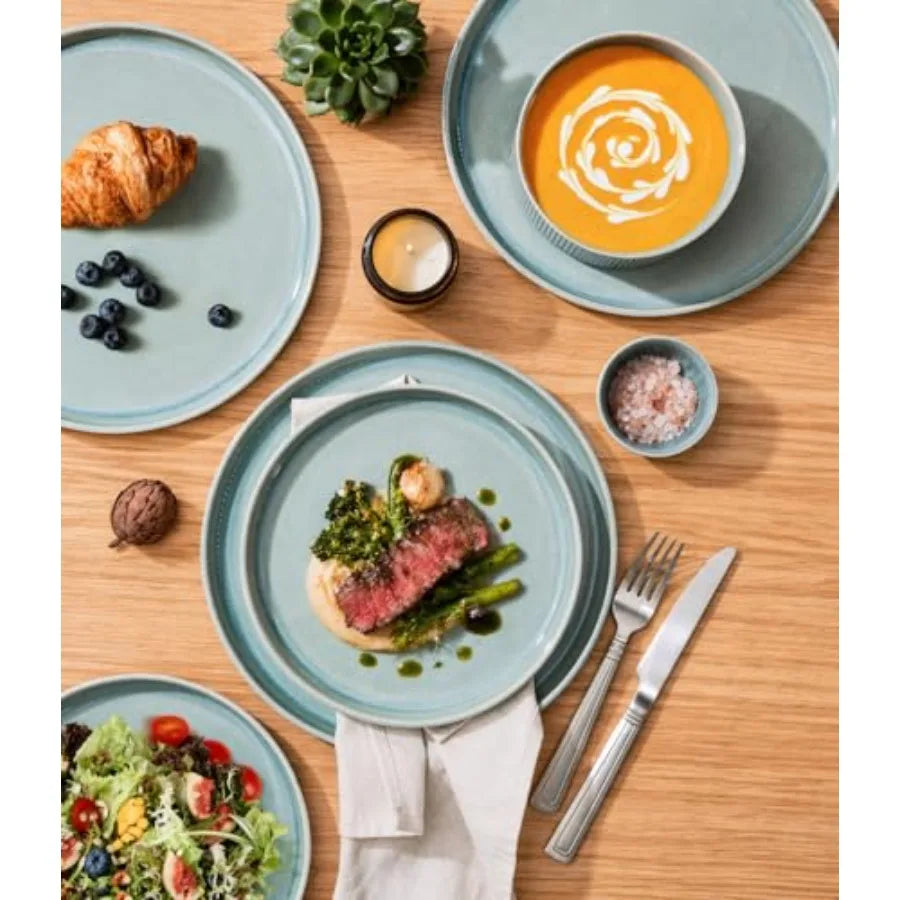 12pc Scratch-Resistant, Stoneware Set (4), Ribbed Ceramic Plates and Bowls
