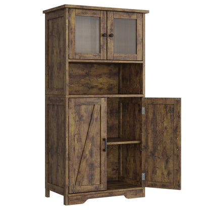 Free Standing Kitchen Pantry w/ 4 Doors, Tempered Glass