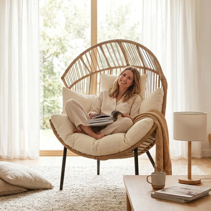 Oversized Ergonomic Papasan Wicker Egg Lounge Chair, Cushions