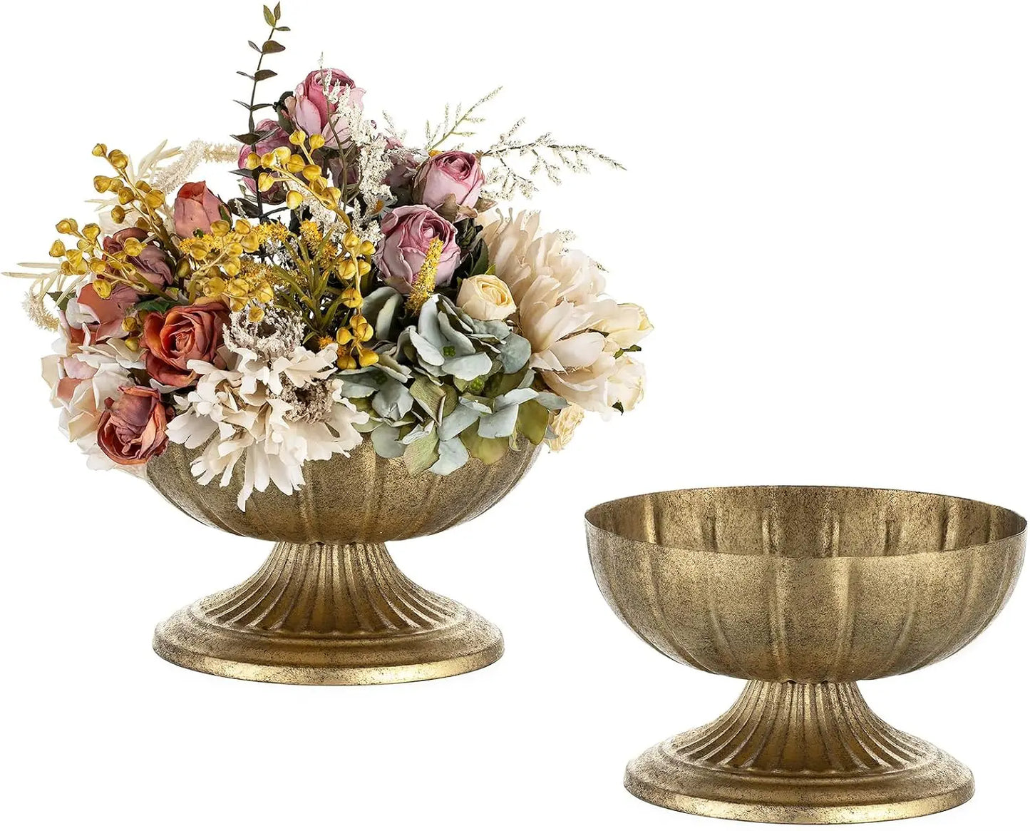 Gold Compote Vase for Centerpiece: 8.5" Distressed Brass Urn, 2-8-10pc Sets