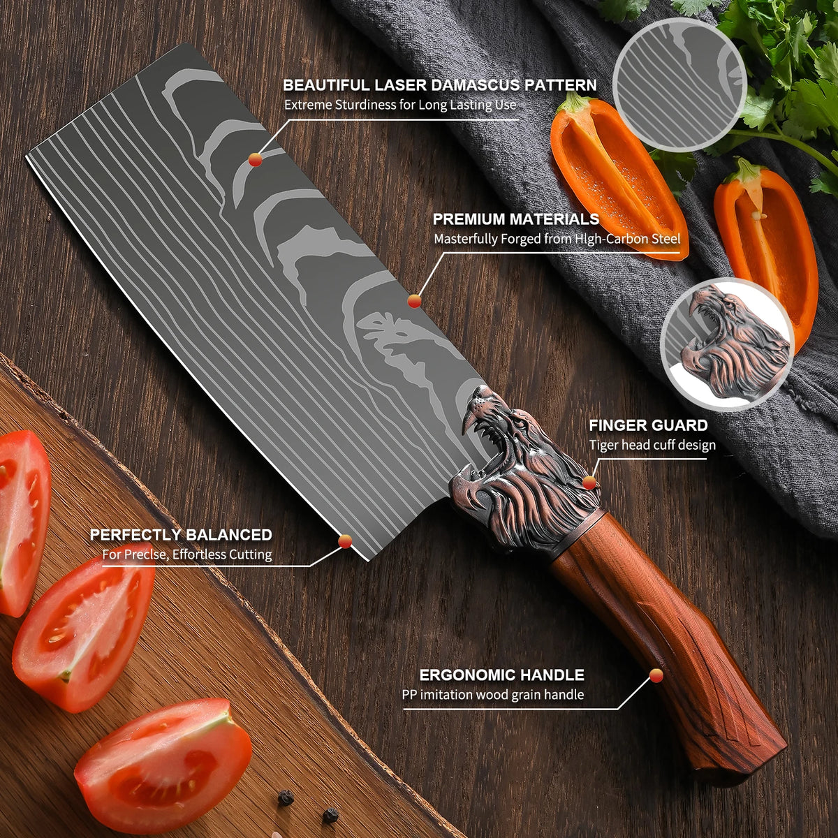 8-piece professional kitchen knife set with block pattern blades, non-slip wood grain handles