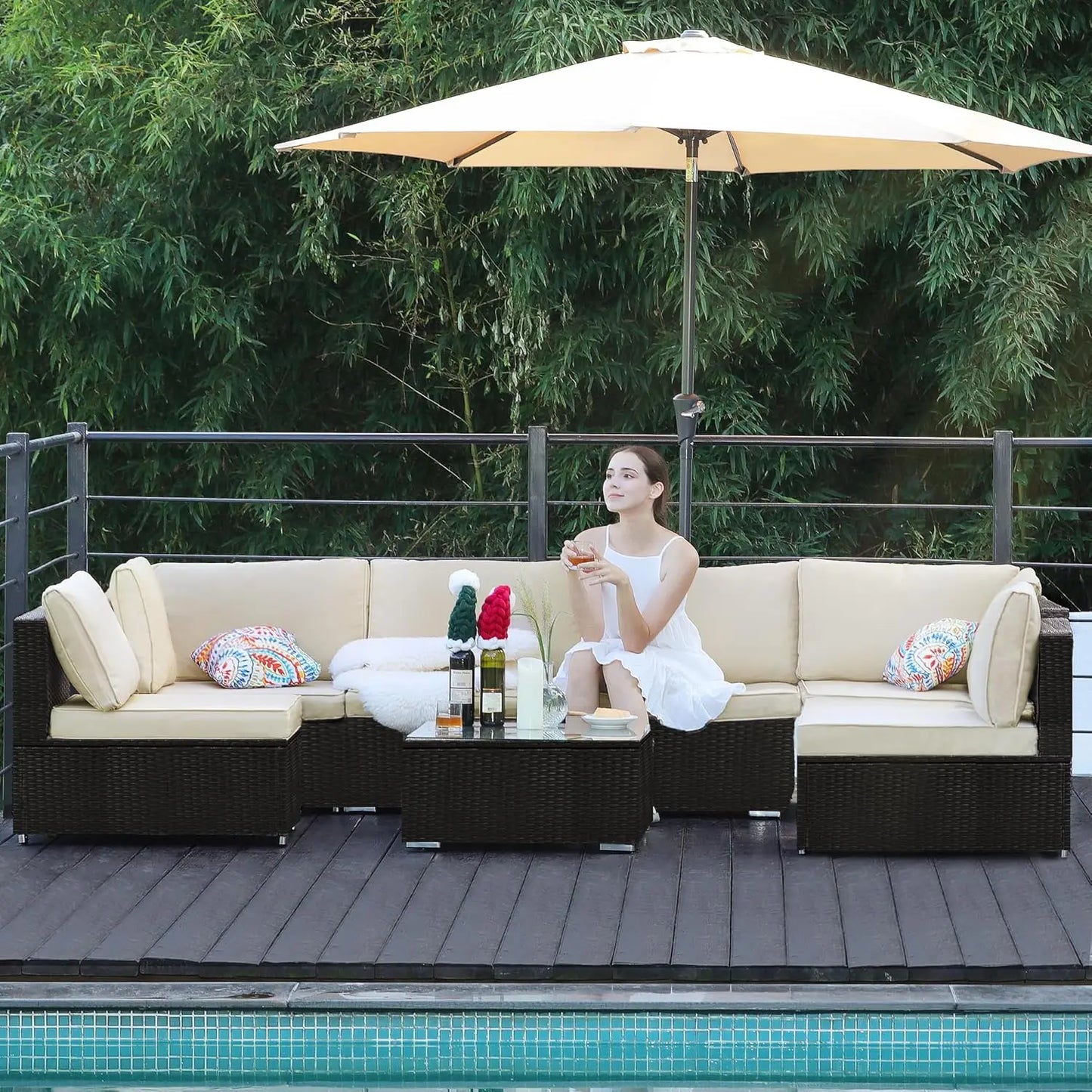 7pc Patio Sectional Wicker Sofa Set, All-Weather Cushions, Glass Table