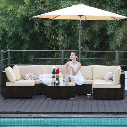 7pc Patio Sectional Wicker Sofa Set, All-Weather Cushions, Glass Table