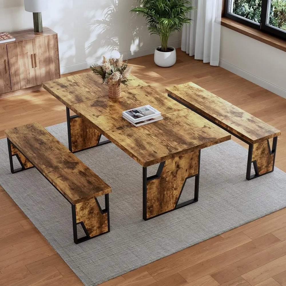 70.8 Modern Wooden Dining Table with 2 Benches,