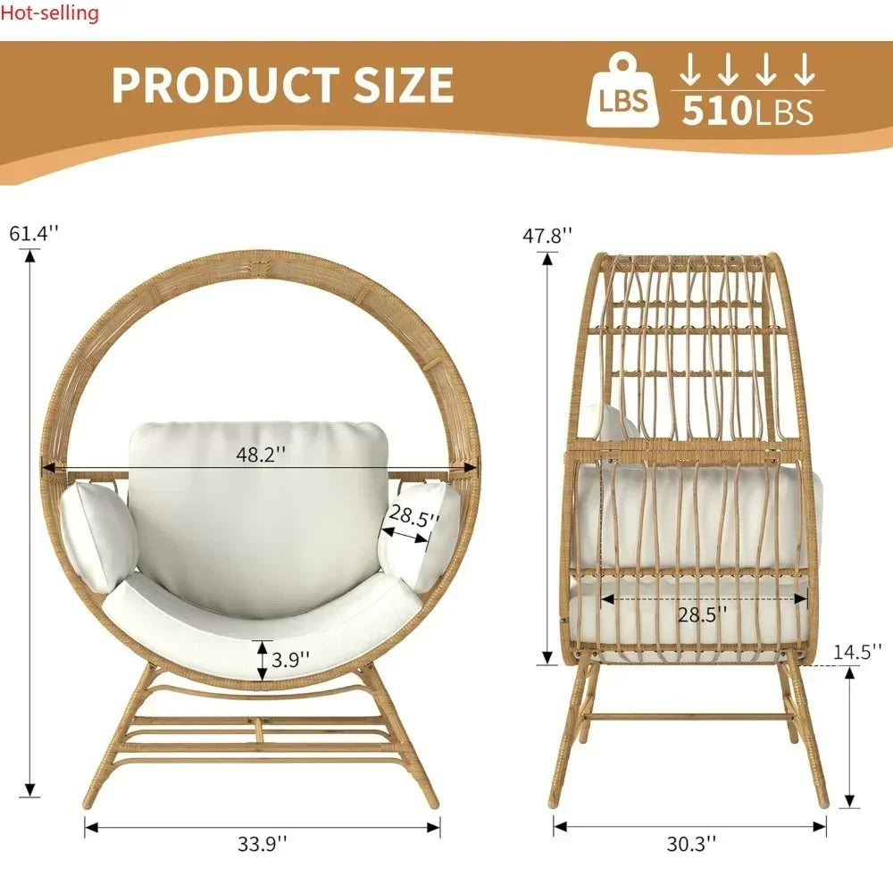 Oversized Wicker Rattan Chair w/Thick Cushion, 350LBS Capacity