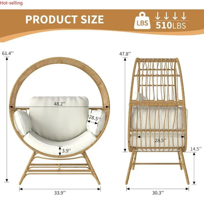 Oversized Wicker Rattan Chair w/Thick Cushion, 350LBS Capacity