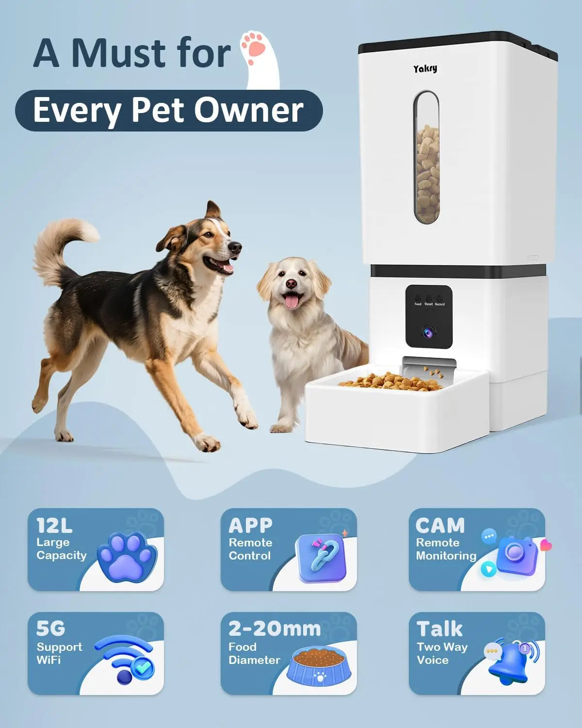 Smart/Wi-Fi Automatic Dog Feeder with Camera, 12L Capacity,