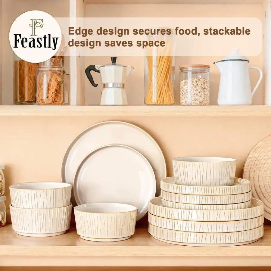 12pc Chip Resistant Stoneware, Ribbed Reactive Glaze Ceramic