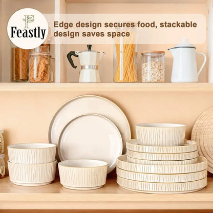 12pc Chip Resistant Stoneware, Ribbed Reactive Glaze Ceramic