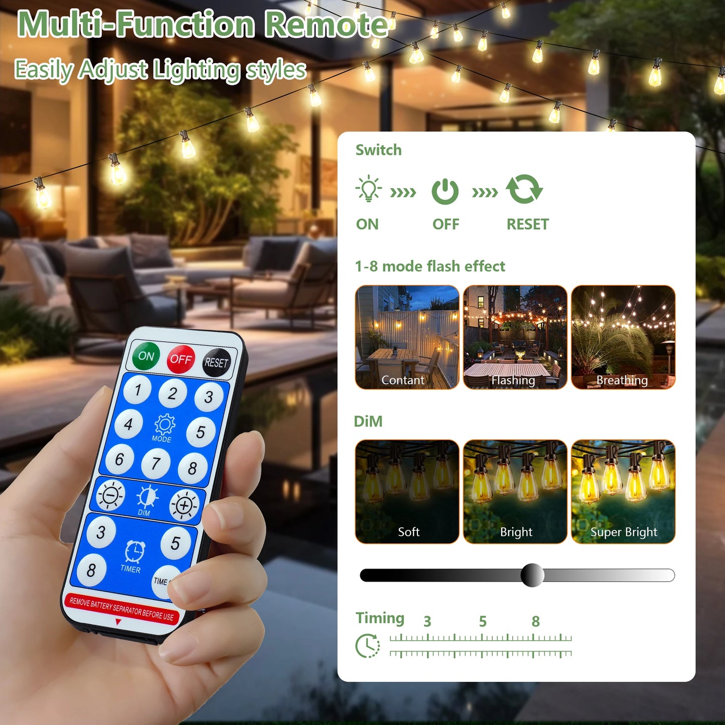 100' Solar Outdoor String Patio Lights, Shatterproof, Remote