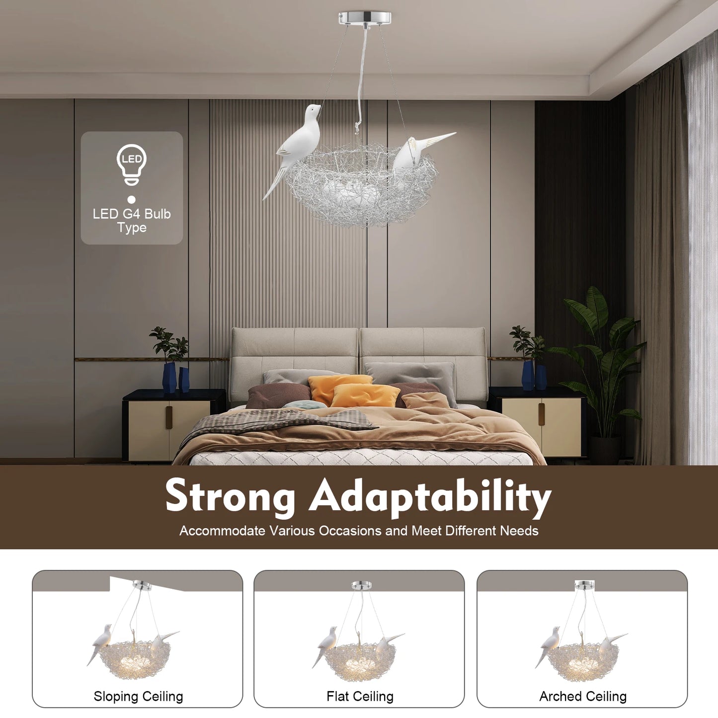 Modern Bird Nest Chandelier, LED 25W, Aluminum Silver