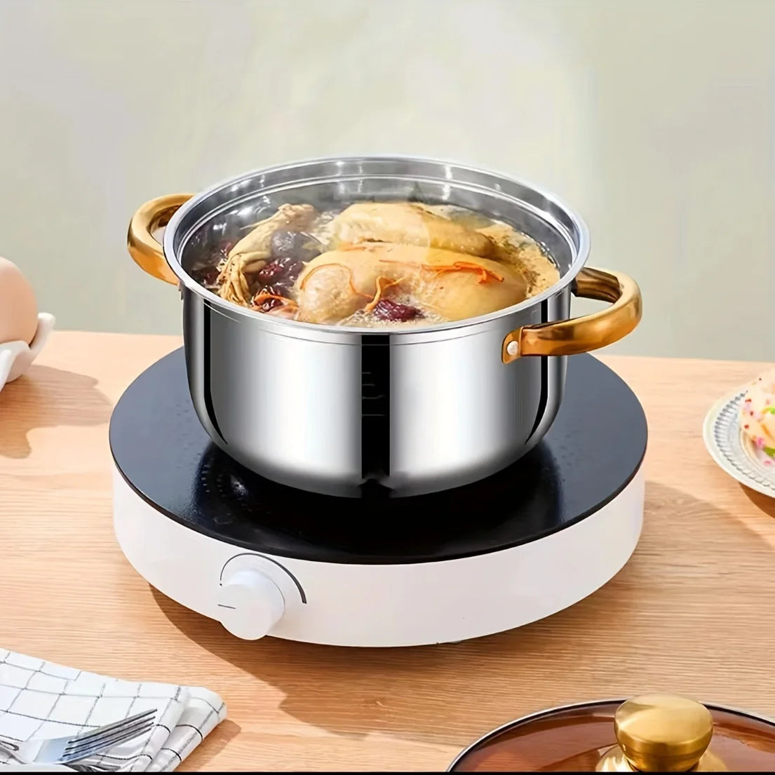 5pc Golden Stainless Steel Cookware Set - Durable, Multi-Purpose, Easy to Clean, Compatible with All Stoves, Non-Stick,