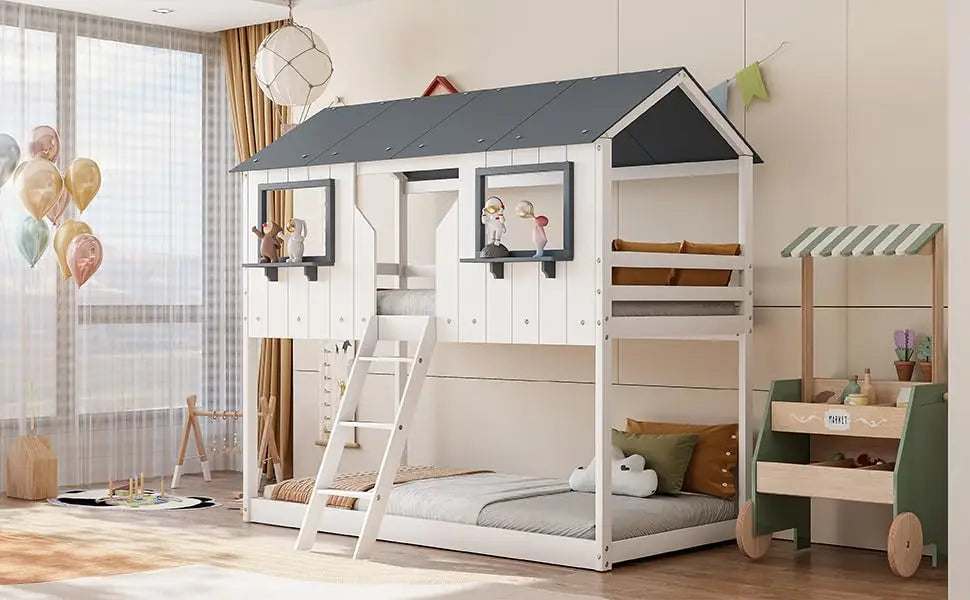 House Twin Over Twin Bunk Beds w/Storage Drawers & Shelf