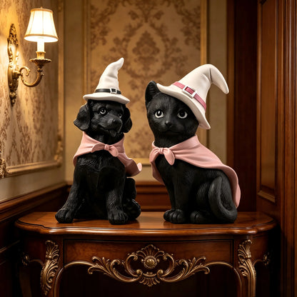 2pc Halloween Witch Hat, Black Cat and Dog Pet Figurine Set