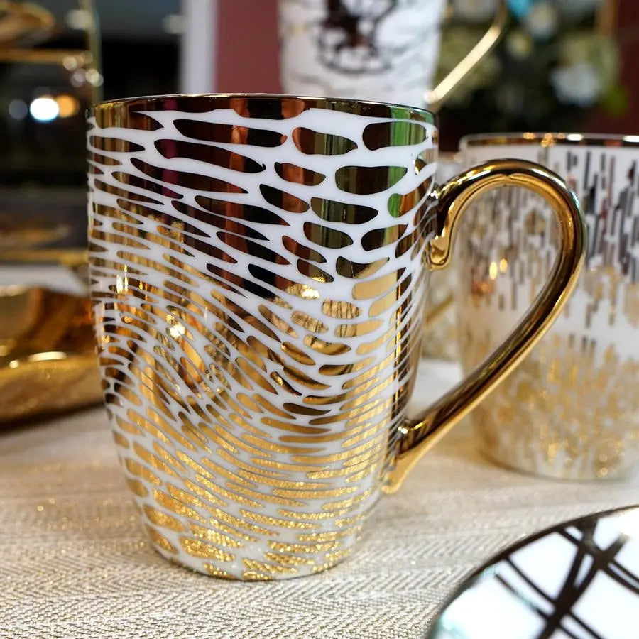 6pc Porcelain Coffee Mug Set, Gold Plated Finish,