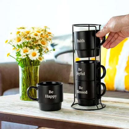 Stackable Coffee Mug Set with Metal Wire Rack