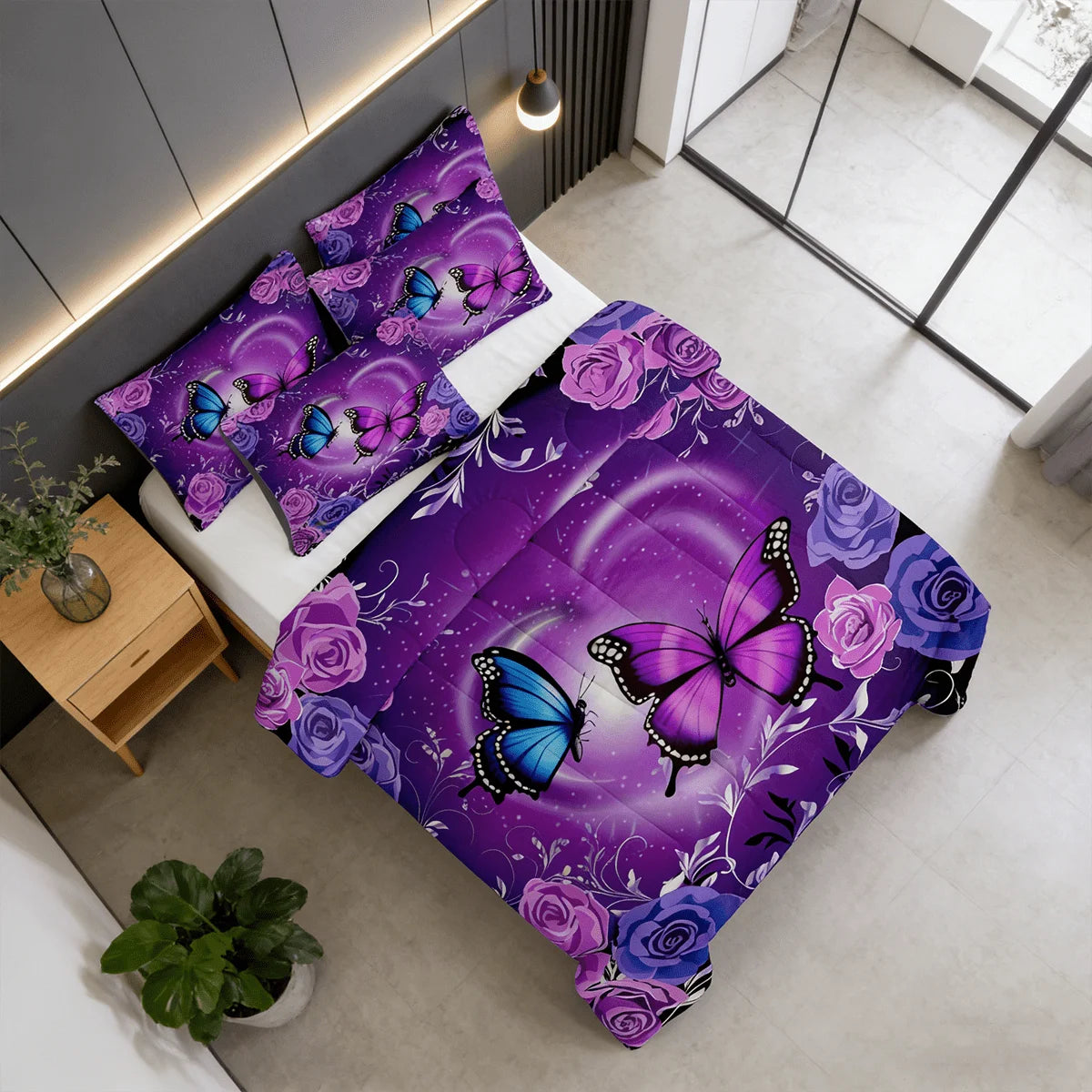 2/3pcs Purple Butterfly Rose Print Comforter Sets