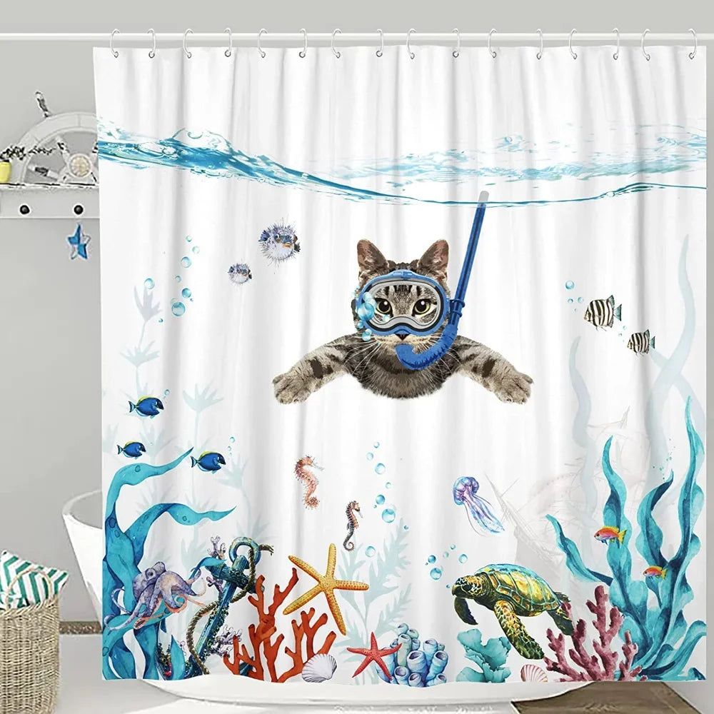 Cool Cat Riding Shark Seagull on Ocean Sea Blue Waves