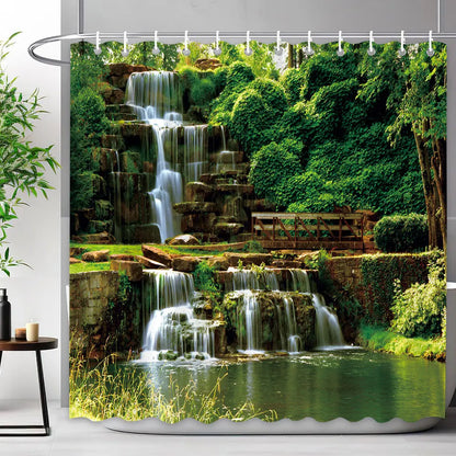 Scenic Shower Curtain Tropical Waterfall, Landscape Nature