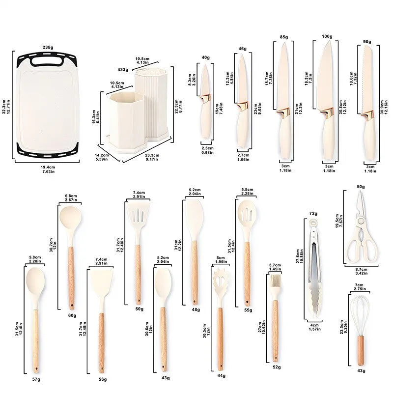 19pc Kitchen Knives and Silicone Utensils w/Holder