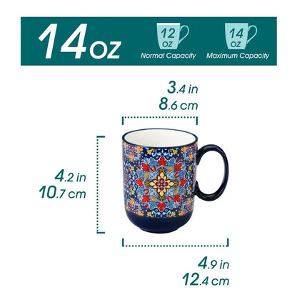Boho Coffee Mugs Set of 6, 14 oz with Handle