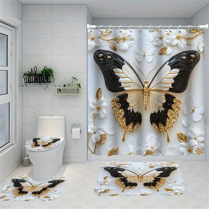 Waterproof Shower Curtain Set, Non-Slip Floor Mats, Commode Cover