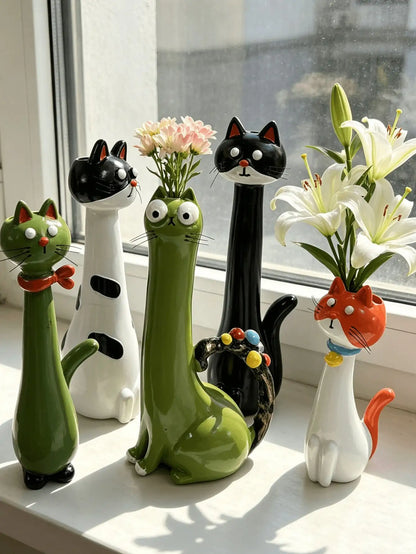 1Pc Creative Healing Cartoon Cat Shaped Resin Flower Vase