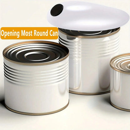 One-Touch Automatic Electric Can Opener, battery-powered and portable. It features one-touch operation with smooth safe edge, no sharp burrs. This practical kitchen tool easily opens various cans, jars and bottles for daily h