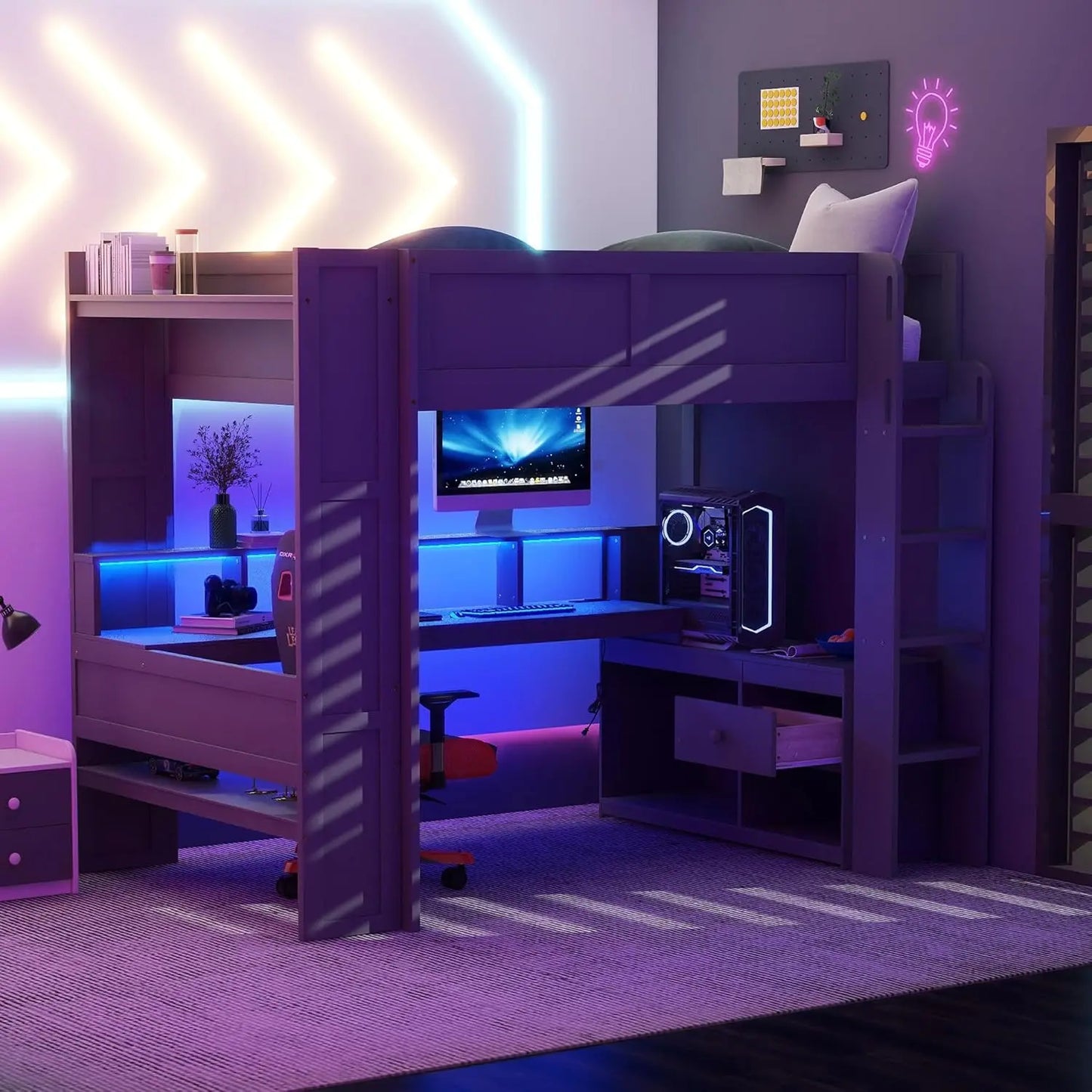 Full Wood Gaming Loft, Bed, Desk, Storage Shelves, LED, Charging