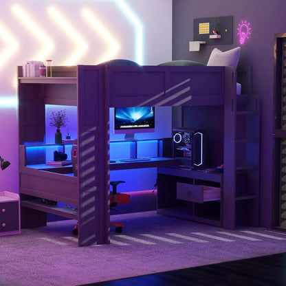 Full Wood Gaming Loft, Bed, Desk, Storage Shelves, LED, Charging