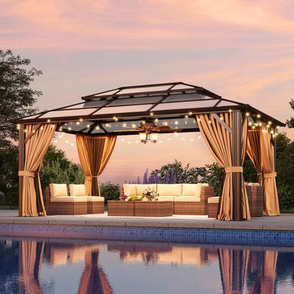 12x16 Outdoor Gazebo w/Double Polycarbonate Roof, Netting and Curtain