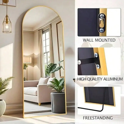 Arched Full Length Floor/Wall Mount Mirror, Gold 59x16.2 Inch