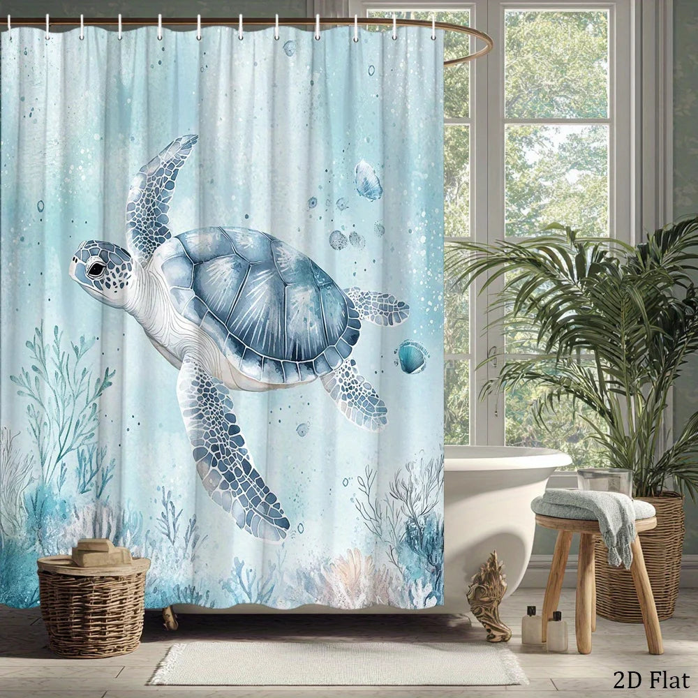 Sea Turtle Shower Curtain Blue Grey Coral Reef Underwater Design Polyester Fabric 12 Hooks Machine Washable Air Dry Modern Bathroom Decor Smooth Texture Turtle Theme Bathroom Curtain Waterproof Bath Curtain Ocean Style Bathro