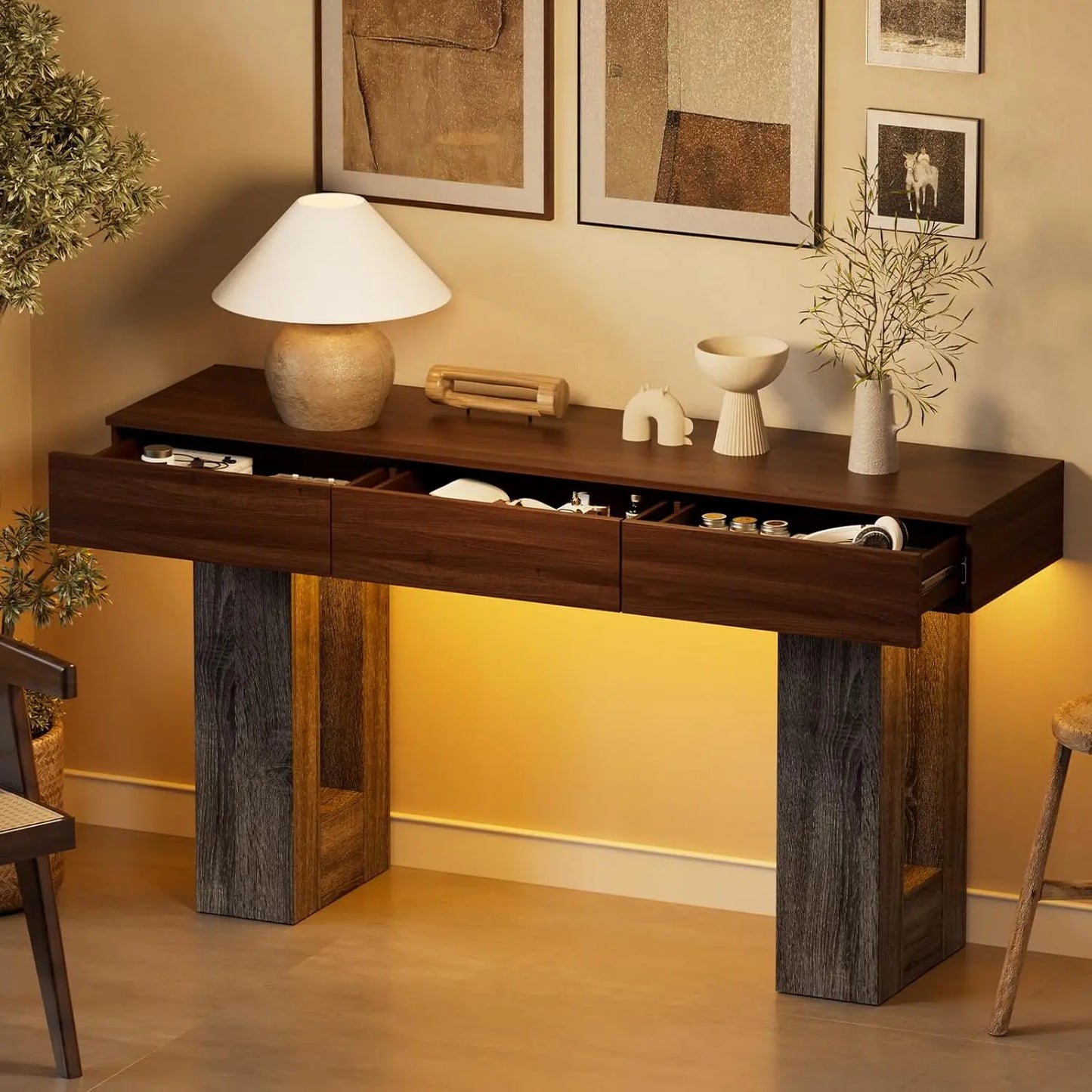 63" Console Rectangular Sofa Table w/Colorful LED Lights and 3 Drawers