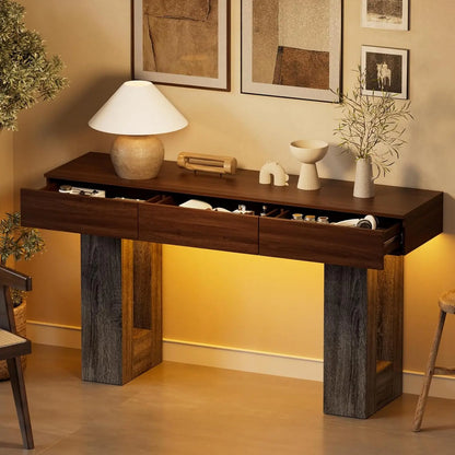 63" Console Rectangular Sofa Table w/Colorful LED Lights and 3 Drawers