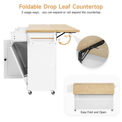 60" Rolling Kitchen Island Table, Drop Leaf w/Power Outlet
