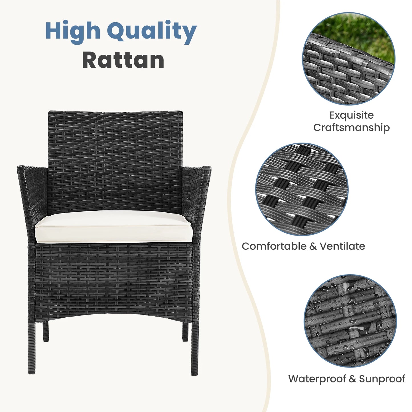 4pc Outdoor Wicker Furniture Set w/Soft Cushion and Glass Table
