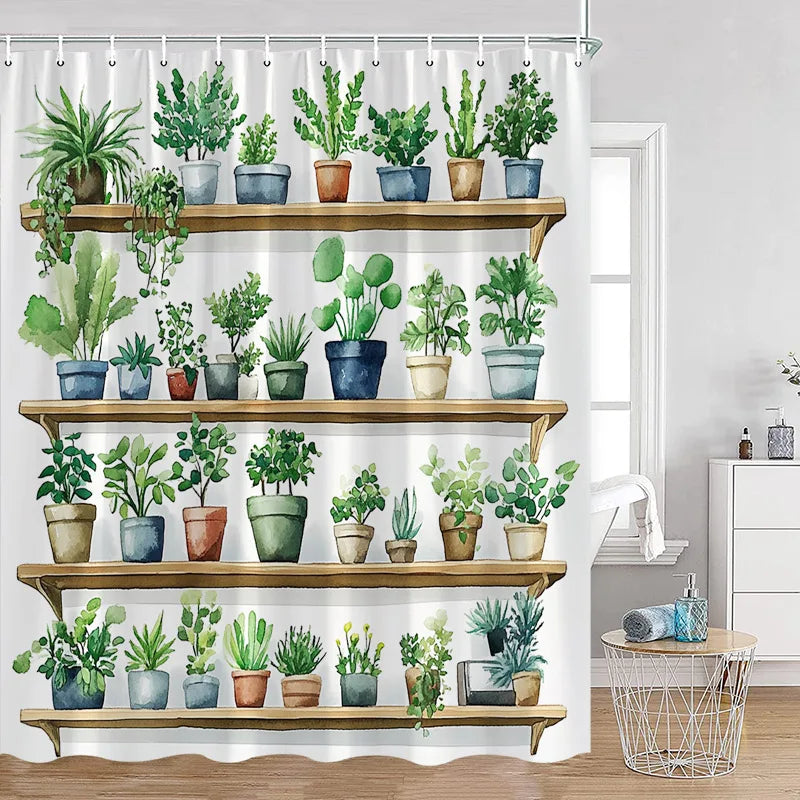 Cute Greenery Print Shower Curtain with Hooks
