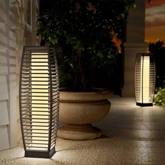 2pc Floor Lamp, Solar Powered Wicker Lantern
