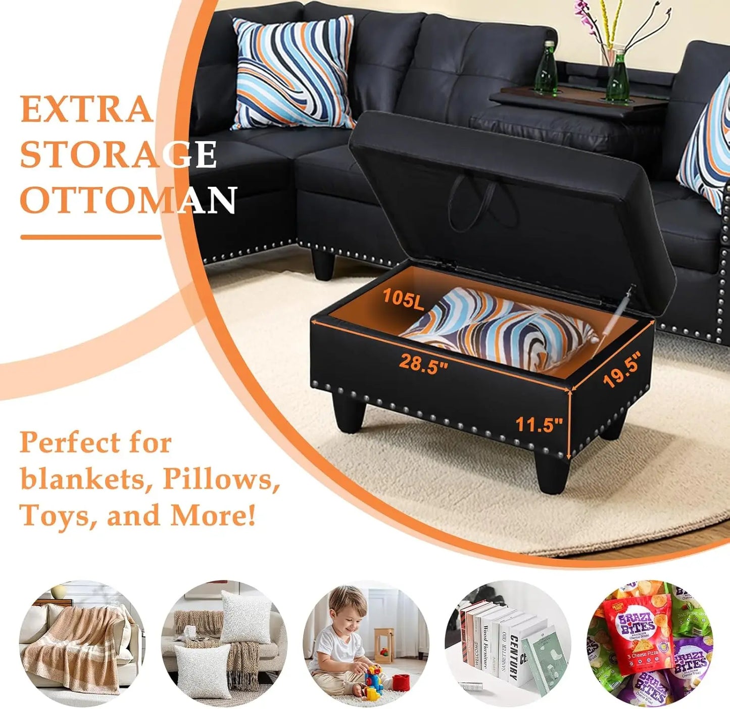 Modern L=shape 4-Seaters Couch w/Chaise Lounge, Ottoman & 2 Pillows