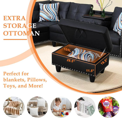 Modern L=shape 4-Seaters Couch w/Chaise Lounge, Ottoman & 2 Pillows
