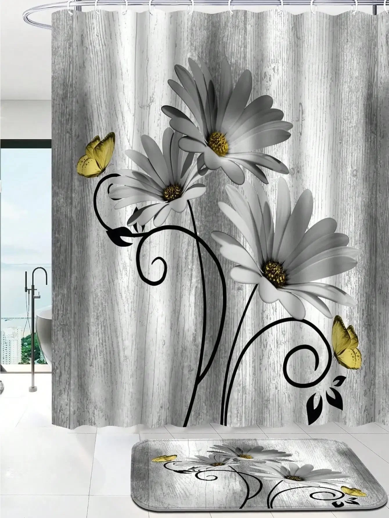 Floral Shower Curtain and Anti-Slip Bathroom Mat, Multi-Colors