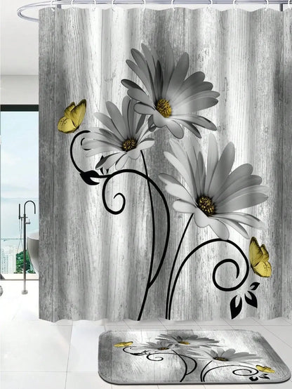 Floral Shower Curtain and Anti-Slip Bathroom Mat, Multi-Colors